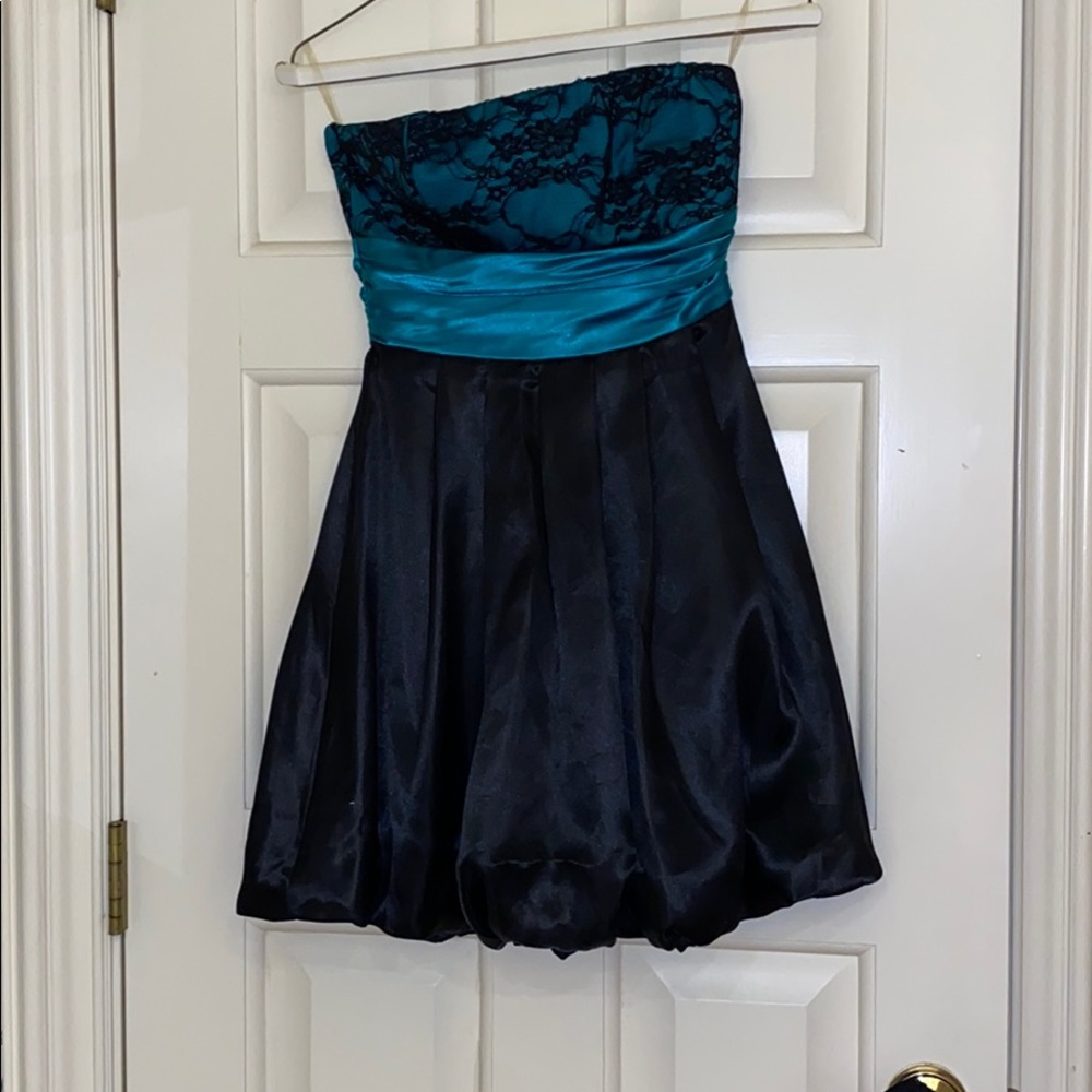 Teal and black lace cocktail dress